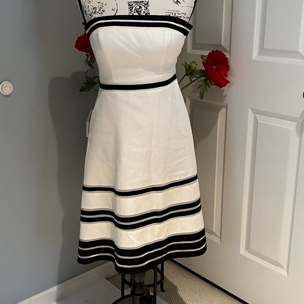 New Ann Taylor Strapless Striped Fit Flare Midi Dress Black White Piping 2P NWT - Picture 4 of 15